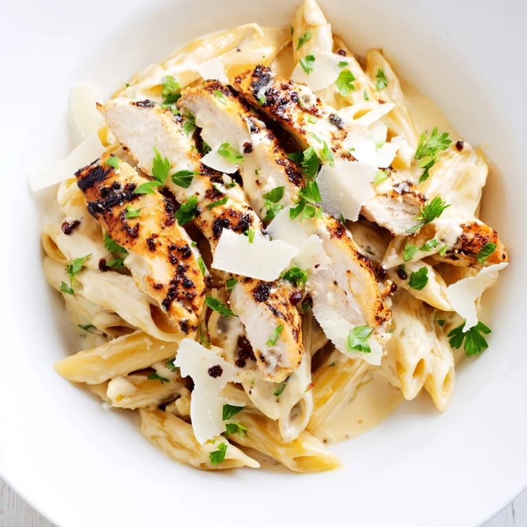 Vivid close-up of Spicy Chicken Caesar Pasta, with spicy grilled chicken, golden pasta, and fresh parsley garnish.