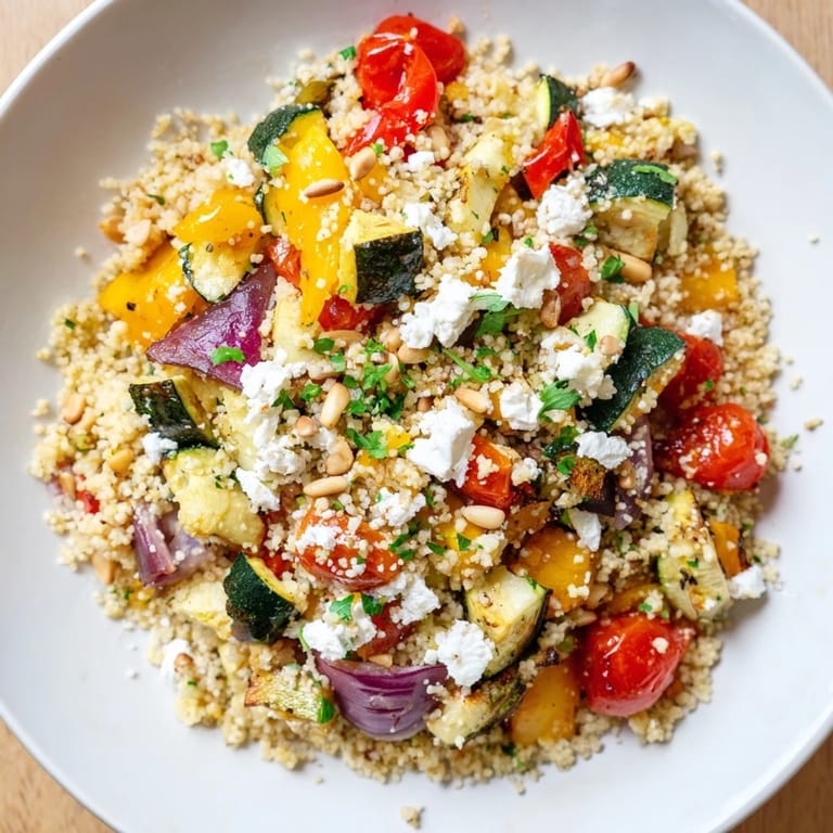Serve this Roasted Veggie Couscous Salad warm or at room temperature, a vibrant vegetarian side or light main perfect for summer picnics and potlucks.