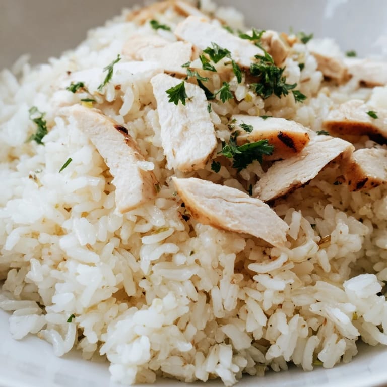 A fork lifts a bite of tender chicken and buttery rice, with fresh parsley garnish and lemon wedges nearby.
