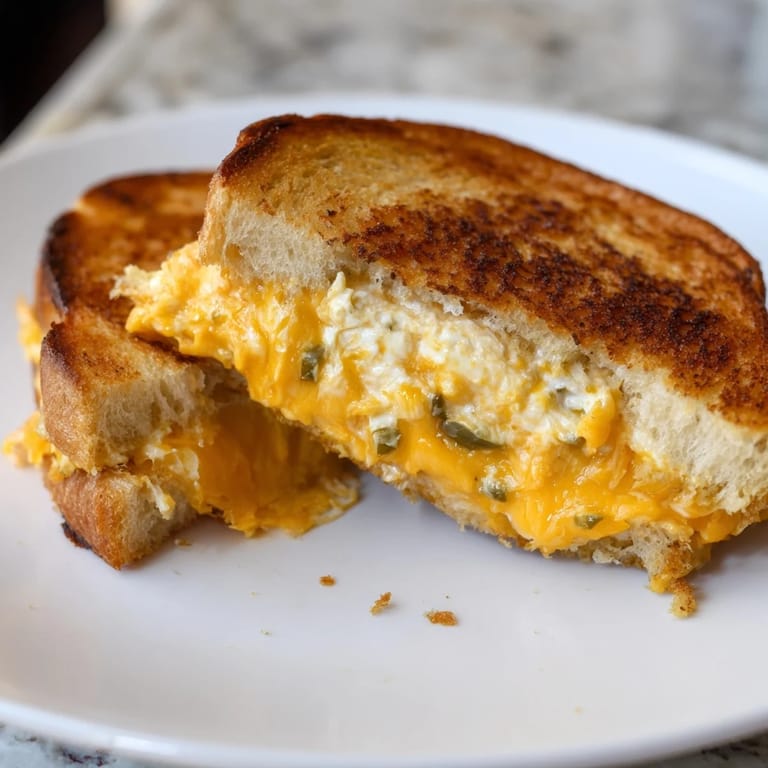 Fresh jalapeños add a spicy kick to the warm, gooey grilled cheese sandwich, served on a cutting board.