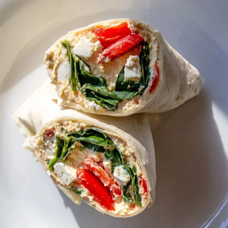 Vibrant Mediterranean Veggie Wrap layered with tangy feta cheese and vegetables on a soft flour tortilla.