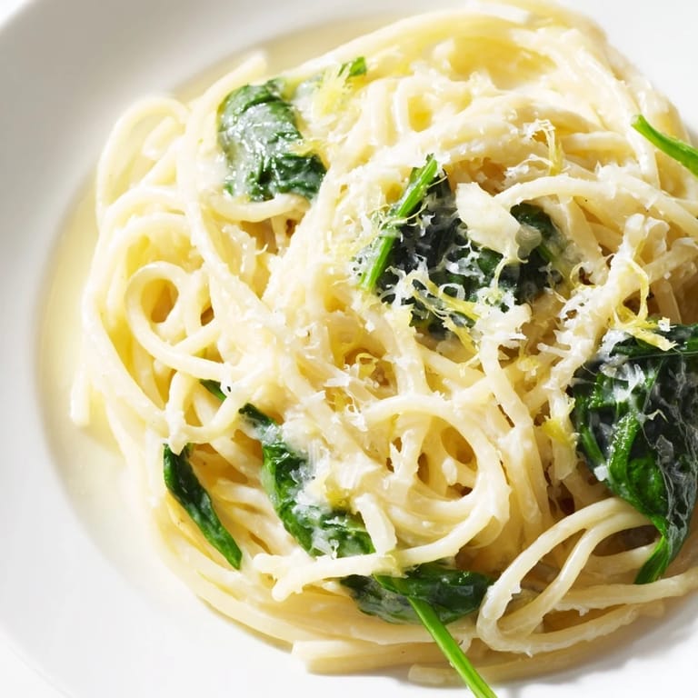 A close-up of Creamy Lemon Spinach Spaghetti twirled on a fork, showcasing vibrant green spinach and a rich, citrus-infused cream sauce.