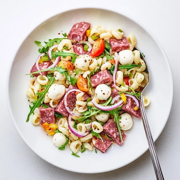Spring Antipasto Pasta Salad is served in a white dish with bright pickled vegetables, cherry tomatoes, and a light zesty dressing.