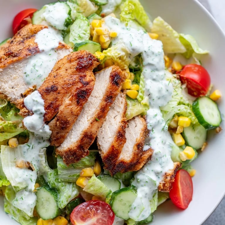 Serving suggestion for Ranch Chicken Chopped Salad: a hearty lunch bowl with crisp lettuce, cherry tomatoes, corn, cucumbers, red onion, and fresh herbs.