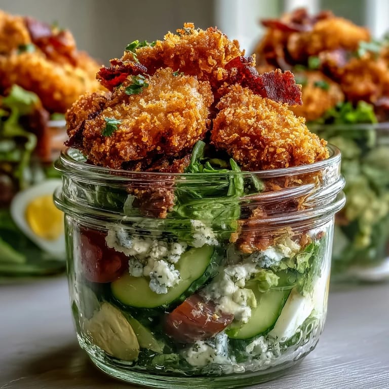Ready-to-go Crispy Chicken Cobb Jar Salad with juicy chicken, crumbled bacon, egg quarters, and crisp veggies for a hearty lunch.