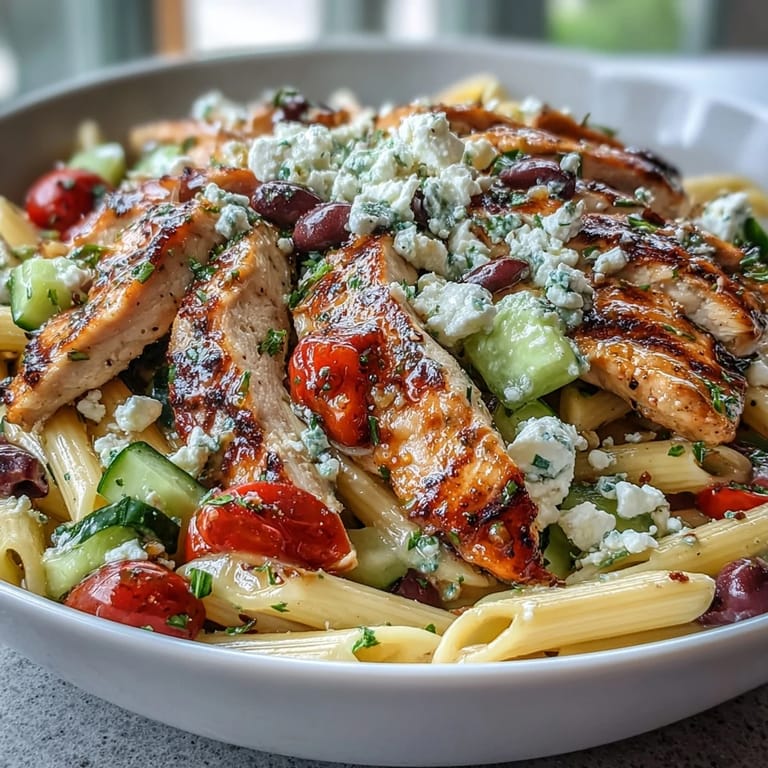 Freshly cooked pasta is layered with juicy cherry tomatoes, crumbled feta, and vibrant red onion for a Mediterranean-inspired dinner.