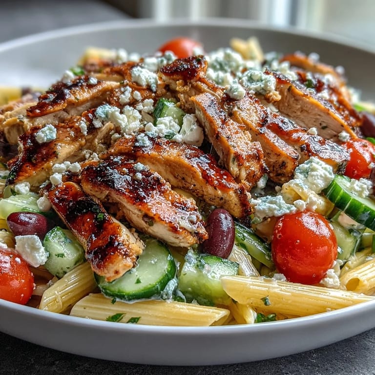 Sliced grilled chicken crowns a colorful pasta bowl with parsley garnish, perfect for an easy, refreshing weeknight meal.