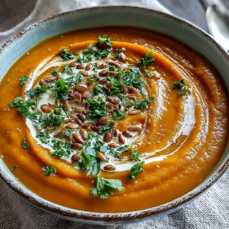 Top-down view of creamy Carrot Ginger Soup in a rustic bowl, with a slice of crusty bread nearby for dipping.  