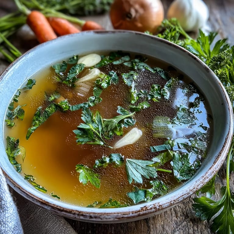 Strained and poured into a glass jar, the clear Vegetable Broth From Scraps showcases its rich, savory color.