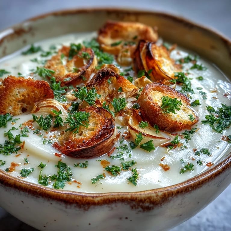 Creamy Roasted Garlic Soup served with toasted bread, highlighting its velvety texture.