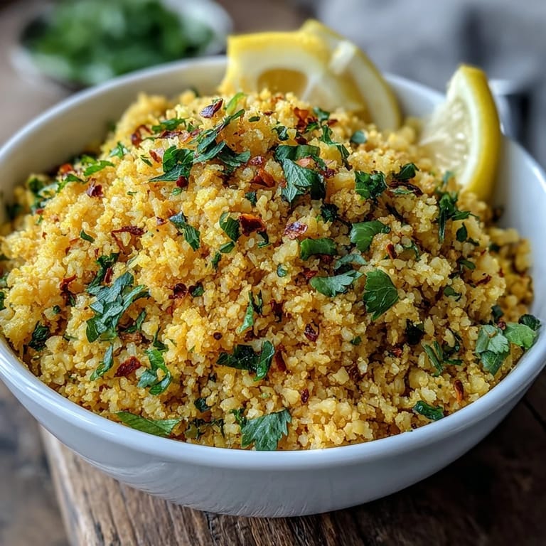 Heaping plate of fluffy Turmeric Cauliflower Rice beside grilled chicken, finished with lemon and herbs.