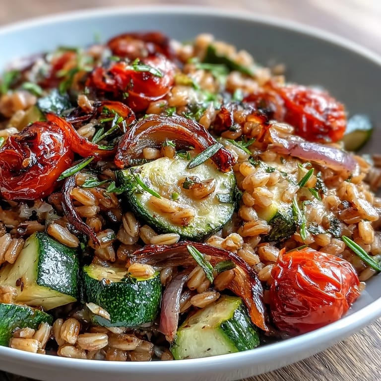 Colorful roasted vegetable and farro salad garnished with parsley, perfect as a warm vegetarian main dish or side.