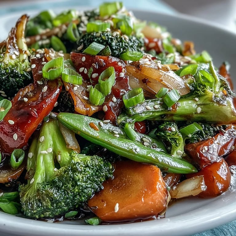 A vibrant bowl of ginger stir-fried vegetables topped with toasted sesame seeds and fresh green onions.