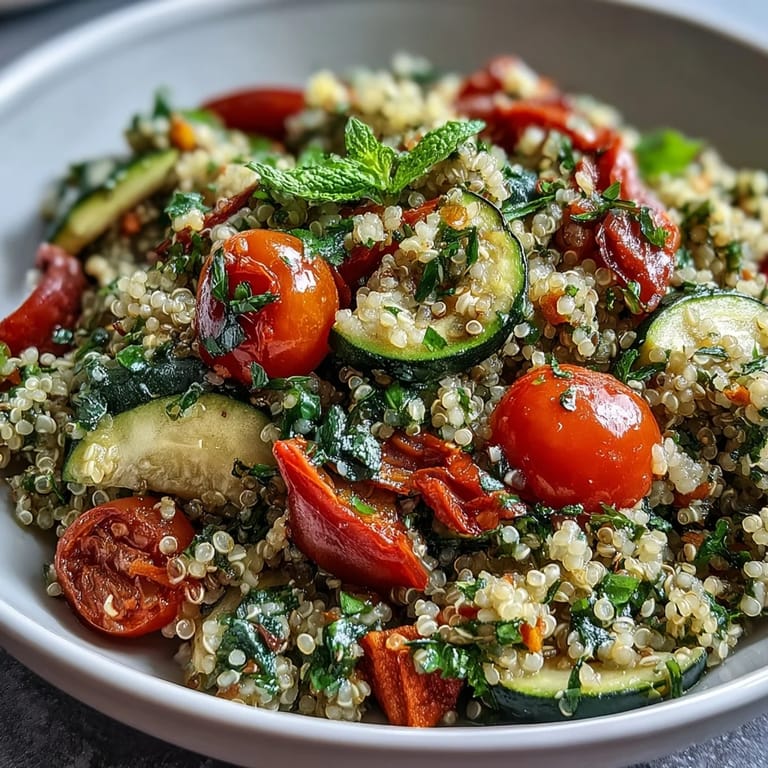 Colorful roasted vegetables and aromatic herbs blend in this warm quinoa vegetable pilaf, served alongside grilled chicken or fish.