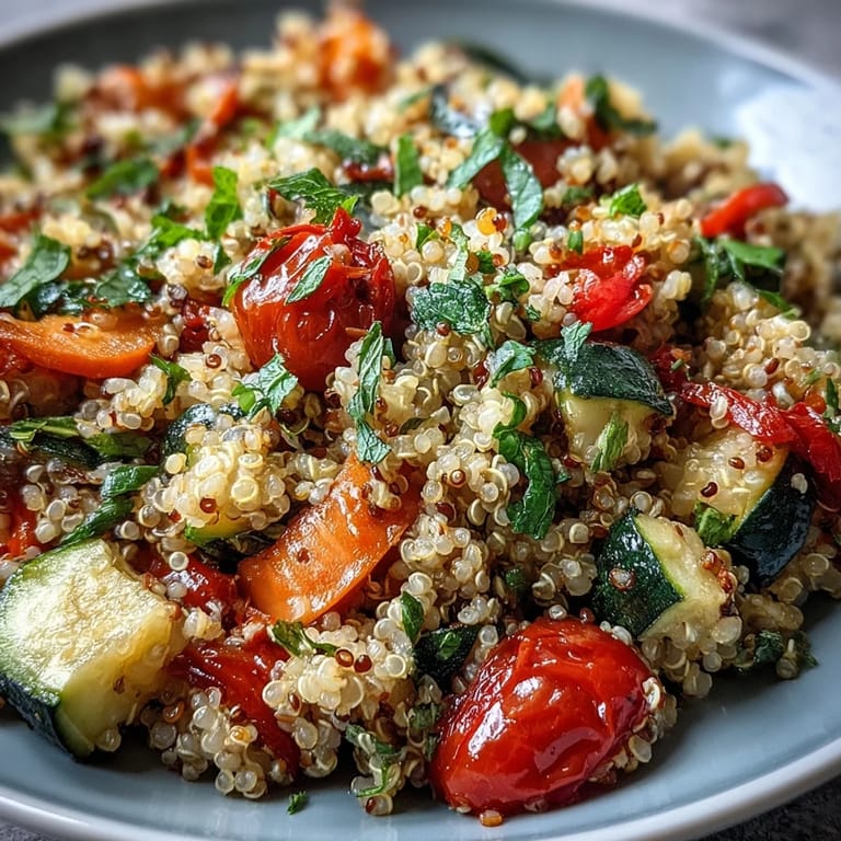 A hearty bowl of gluten-free quinoa vegetable pilaf garnished with fresh parsley and lemon, perfect for a healthy dinner.