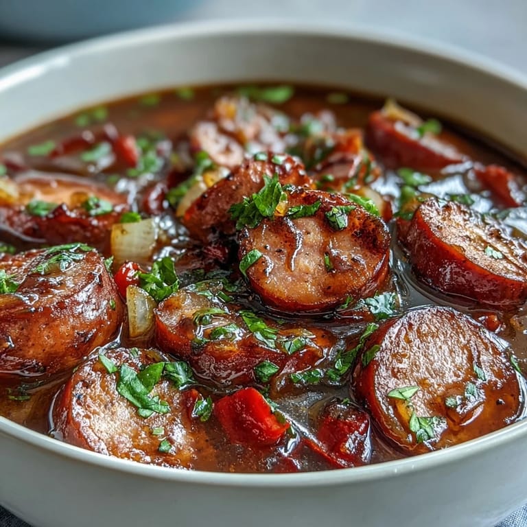 Steaming Crock Pot BBQ Cocktail Sausage Soup in a slow cooker, highlighting sausages, red bell peppers, and onions in a tangy barbecue broth.