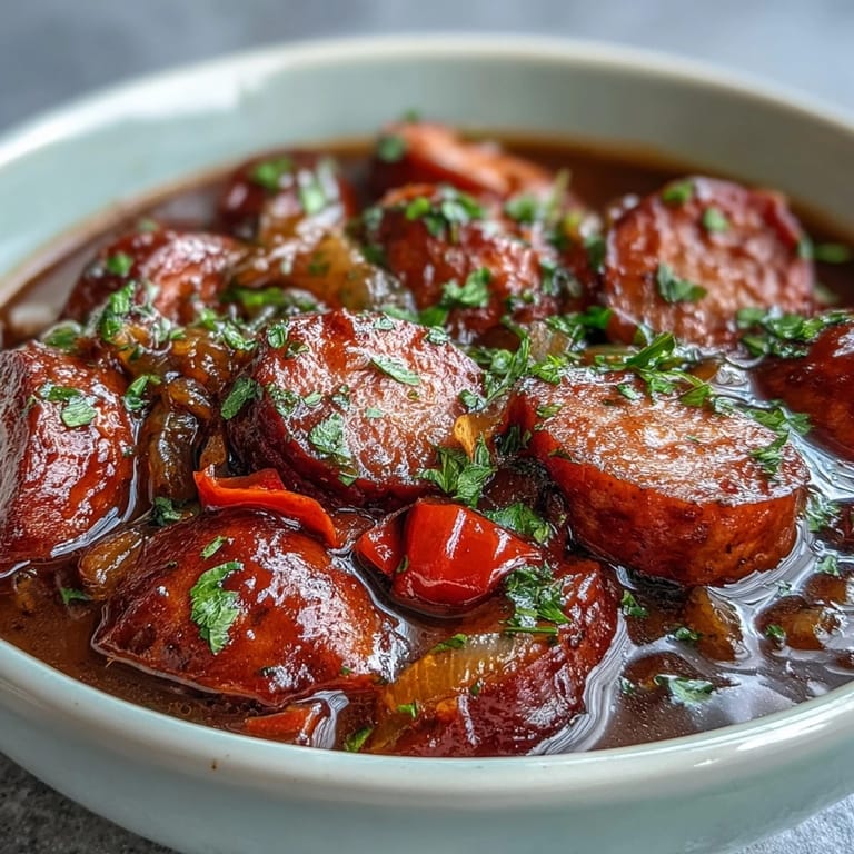 A vibrant serving of Crock Pot BBQ Cocktail Sausage Soup, garnished with fresh parsley and paired with crusty bread on a wooden table.