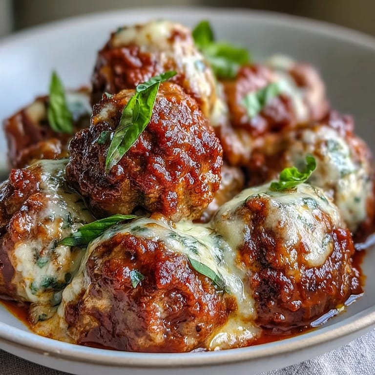 Close-up of Cheesy, Garlicky Meatballs With Marinara showing juicy interiors and garlic flecks in the savory red sauce.