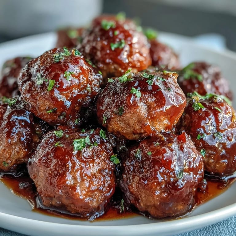 A serving of tender Slow Cooker Peach Glazed Meatballs piled high over steamed rice with fresh parsley garnish.  