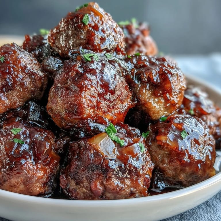 Golden-brown Slow Cooker Peach Glazed Meatballs coated in sticky peach chili glaze, ready to serve from the slow cooker.