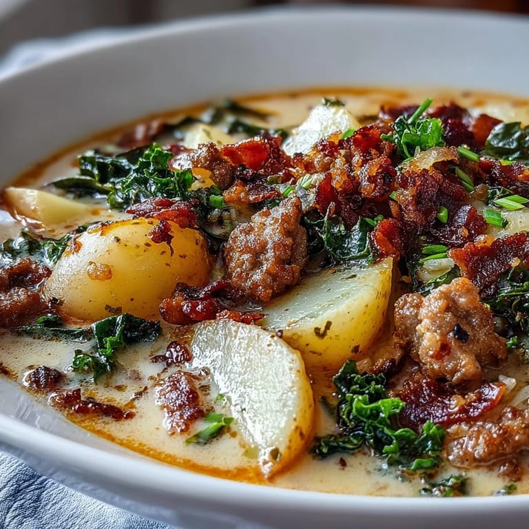 Top-down view of Italian Sausage Soup in a Dutch oven, highlighting chunks of potatoes, kale, and melted parmesan on top.