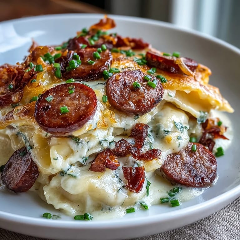 Golden, cheesy Crockpot Pierogi Casserole With Kielbasa served in a bowl, garnished with fresh chives for a family-friendly weeknight meal.