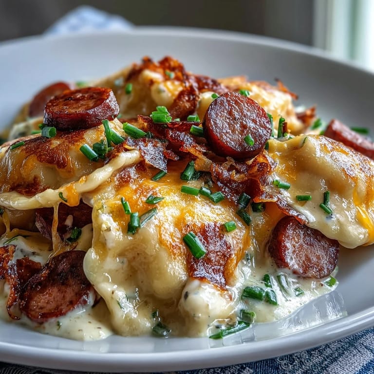 Savory layers of potato pierogi and tender kielbasa swim in a velvety sauce, ready to scoop from the slow cooker.