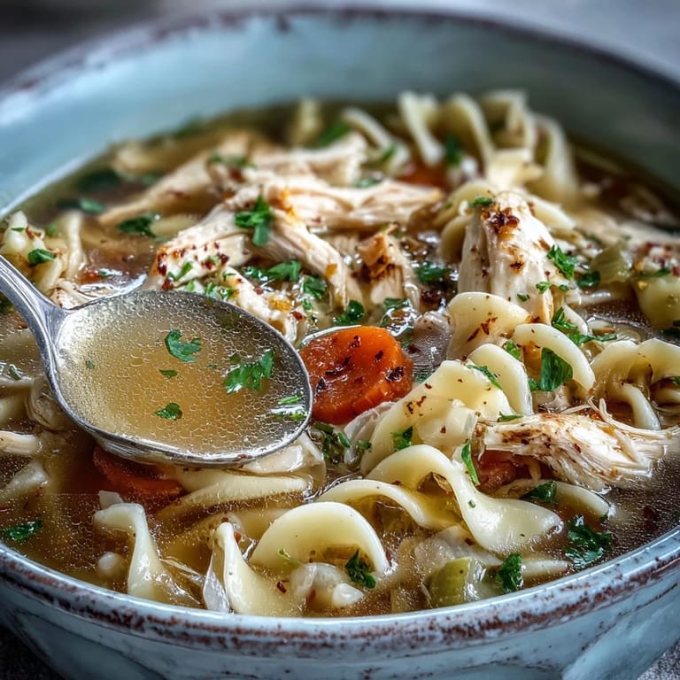 Hearty Instant Pot Chicken Noodle Soup served in a rustic bowl, garnished with fresh green parsley and black pepper.