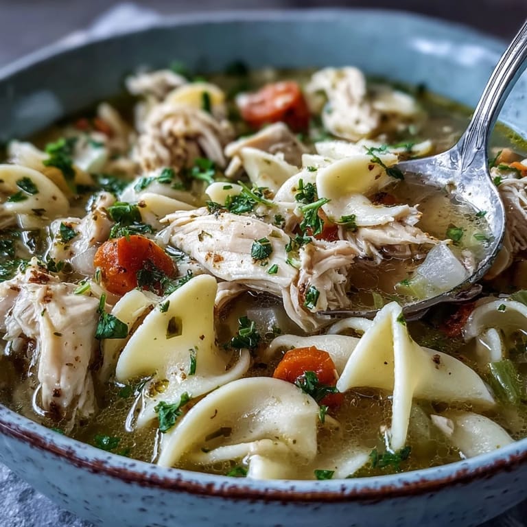 Comforting, homemade Instant Pot Chicken Noodle Soup featuring savory broth, sliced celery, and juicy chicken in a cozy setting.
