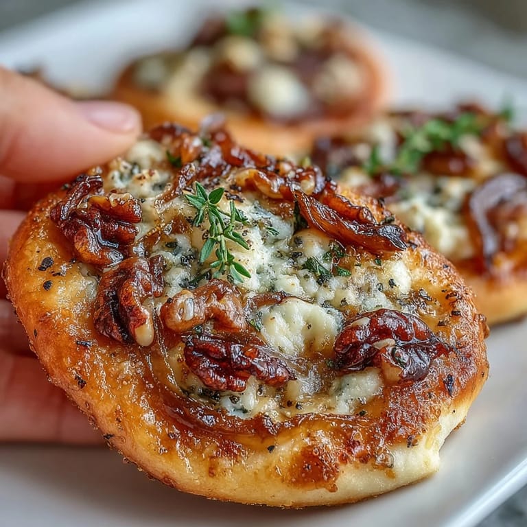 Close-up of a rustic Italian pizzette with pear slices, blue cheese, and pickled walnuts.