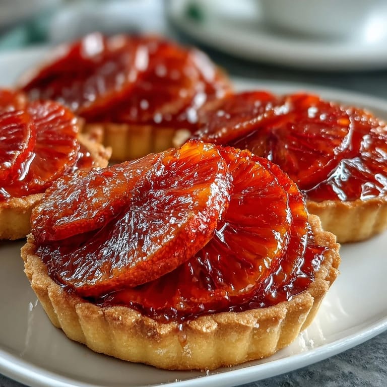 A single Blood Orange Tart showcases silky vanilla custard, ruby-red fruit segments, and a delicate dusting of powdered sugar for serving.