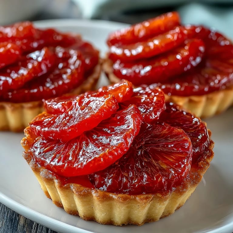 Glazed Blood Orange Tarts reveal glossy citrus rounds layered over creamy vanilla filling inside buttery, flaky pastry shells on a rustic table.