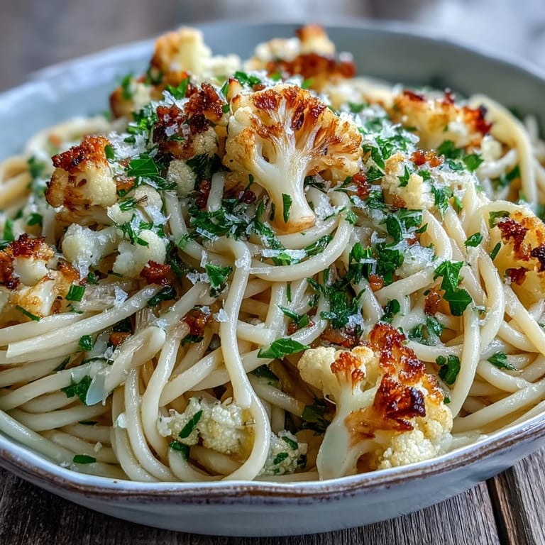 Close-up of a fork lifting strands of Cauliflower, Anchovy and Raisin Spaghetti, highlighting caramelized cauliflower and plump raisins.