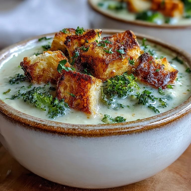 Healthy Cauliflower and Broccoli Soup garnished with fresh thyme, showcasing a bright green puree beside crisp croutons.