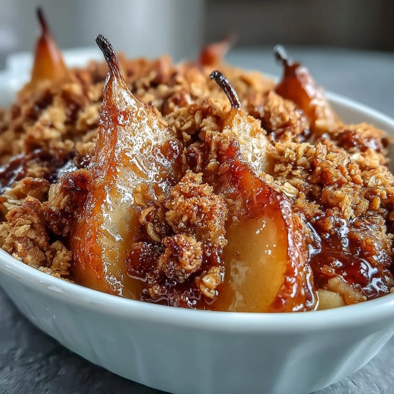 Close-up of homemade Pear Crumble, showcasing thick brown sugar topping and bubbling fruit filling.