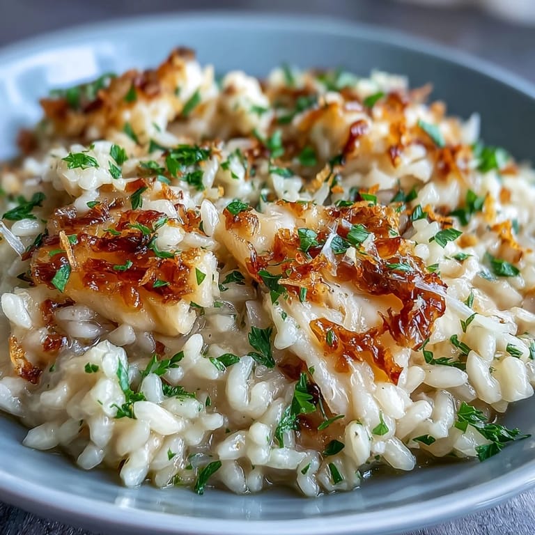 Golden smoked haddock risotto with tender rice and leeks garnished with parsley on a warm plate.