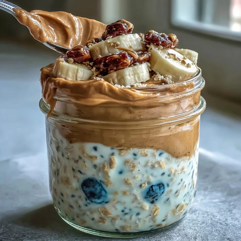 Stirring a spoonful of High-Protein Peanut Butter Overnight Oats in a jar, revealing a thick, velvety texture ready to enjoy.