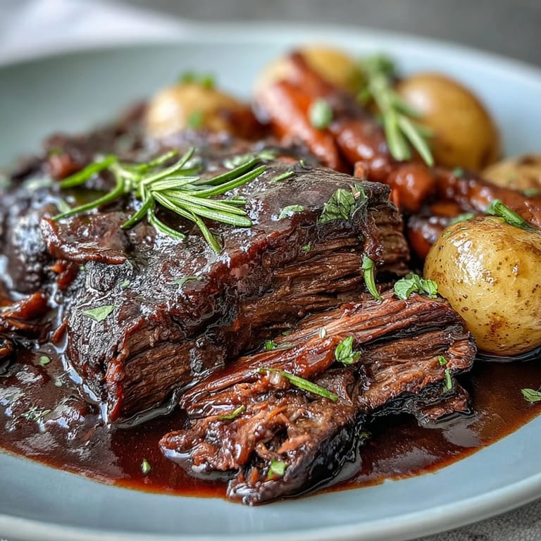 Sliced beef pot roast revealing juicy, pink interior, accompanied by soft vegetables and a luscious, herb-infused sauce.