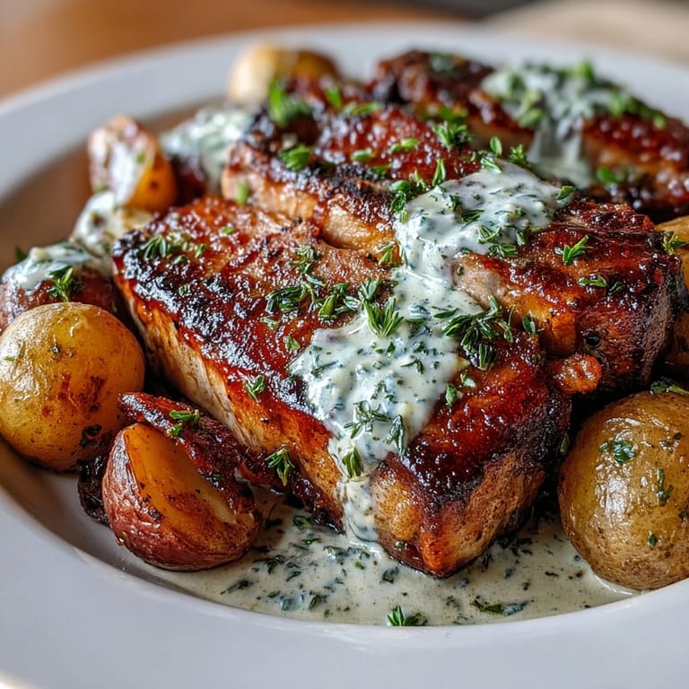Tender pork chops in a velvety ranch-infused sauce, featuring soft potatoes and carrots, ready for a cozy, gluten-free serving.