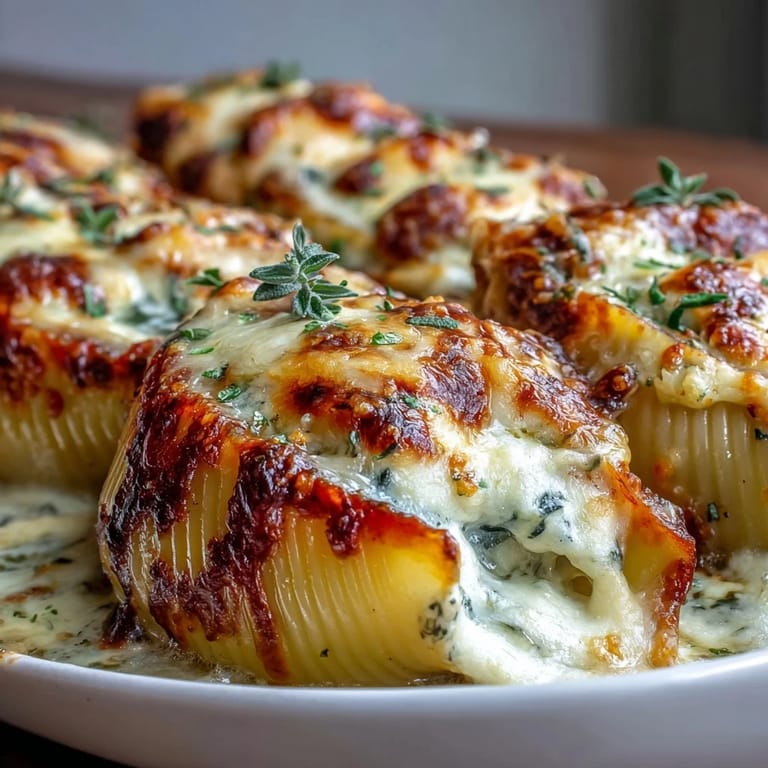 Freshly baked Pumpkin & Gouda Stuffed Shells garnished with crisped sage leaves and melted cheese, perfect for fall.