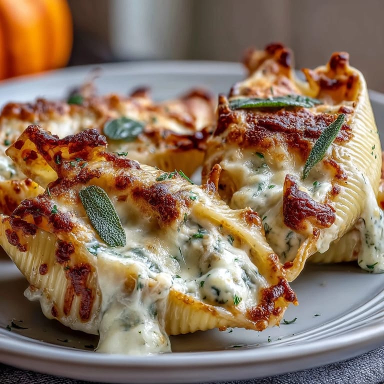 Creamy, cheesy Pumpkin & Gouda Stuffed Shells in a nutty brown butter sage Alfredo, ready to serve.