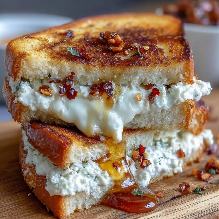 A close-up of the Goat Cheese Grilled Cheese with Honey & Chili Flakes shows melted cheese oozing between crisp bread.  