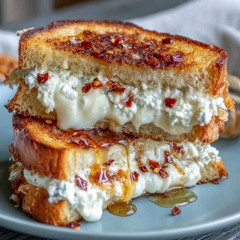 The Goat Cheese Grilled Cheese with Honey & Chili Flakes is plated beside a drizzle of honey and fresh herbs.