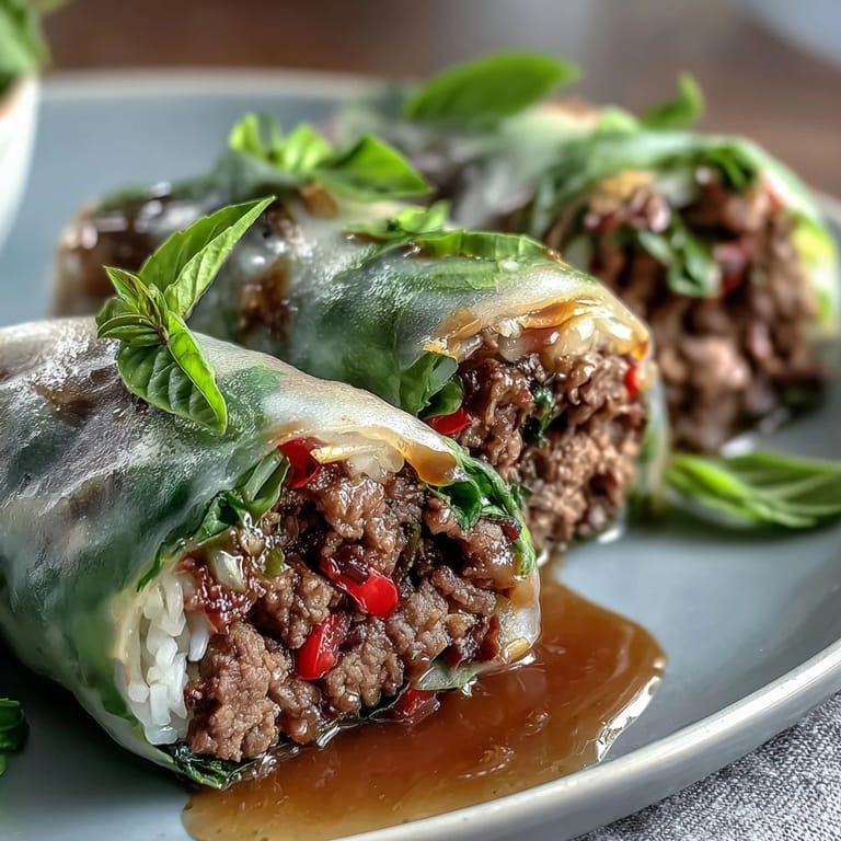Vibrant Thai Basil Beef Rolls sliced diagonally on a plate, highlighting the colorful beef filling and fresh Vietnamese-style wrapper.