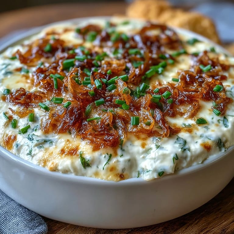 This baked Smoked Gouda & Onion Dip is garnished with chives and served with crisp vegetable sticks for dipping.