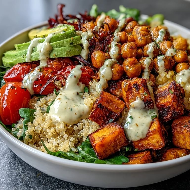 Healthy vegan Buddha Bowl with Quinoa, Roasted Sweet Potatoes, Crispy Chickpeas, and a drizzle of garlic tahini dressing.