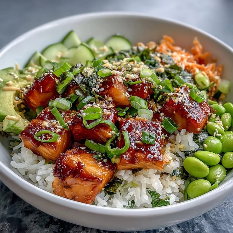 Healthy Baked Salmon Rice Bowl featuring golden salmon, crisp veggies, and zesty lime wedges for a balanced meal.
