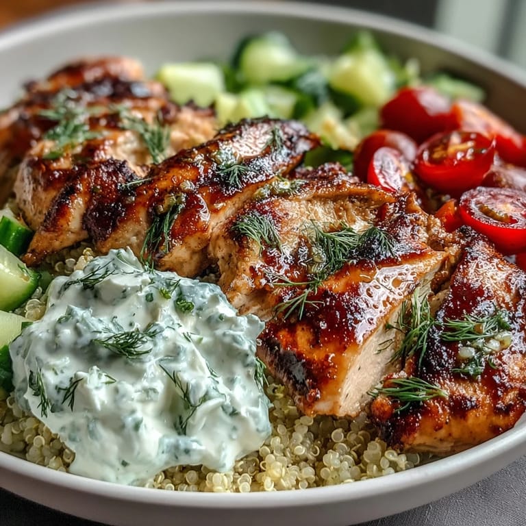 Close-up view of a Greek Chicken Power Bowl featuring juicy sliced chicken, crisp vegetables, and tangy tzatziki, ready for a protein-packed, gluten-free main dish meal.