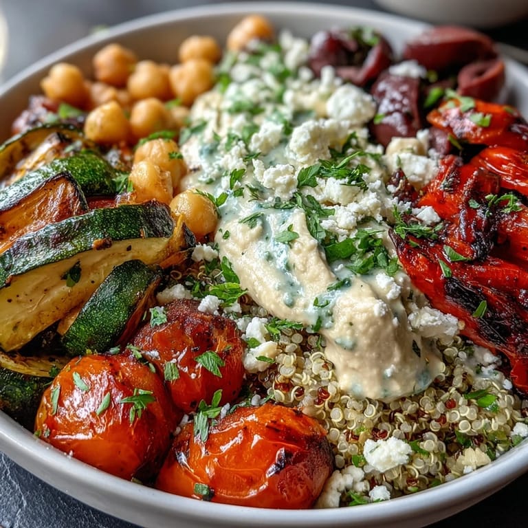 Colorful roasted vegetables and chickpeas fill a Mediterranean Buddha Bowl, served with tangy Greek yogurt and fresh lemon wedges.