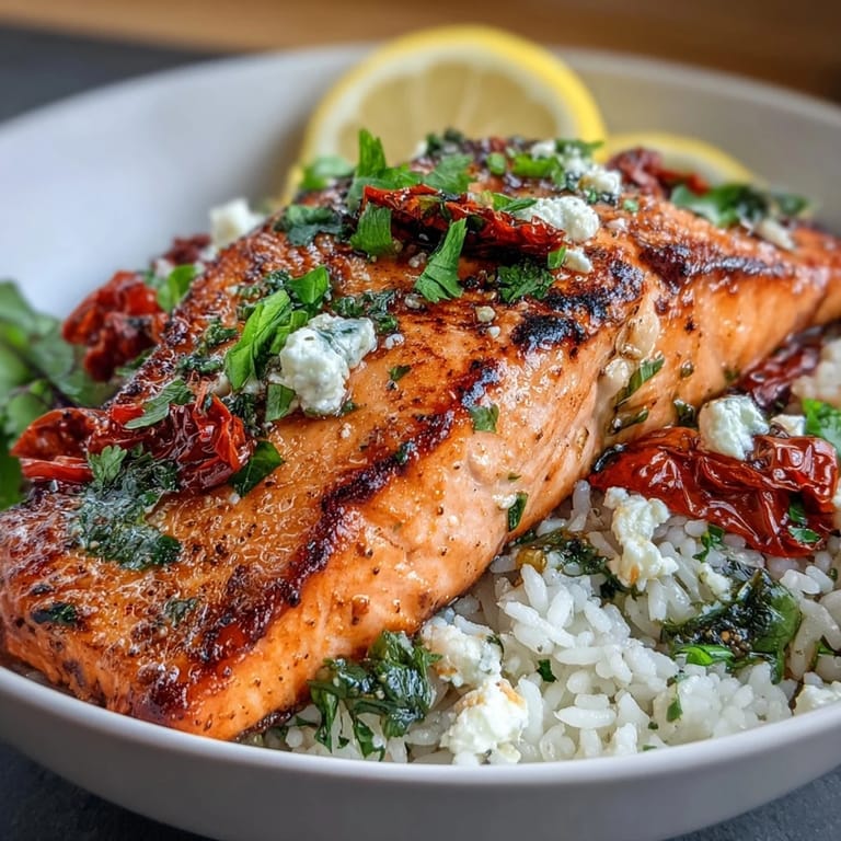 A Mediterranean Salmon Bowl with golden salmon, sun-dried tomatoes, and cilantro, served with lemon wedges on a marble counter.